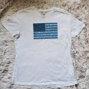 White Women's Graphic Tee with Blue Flag Print
